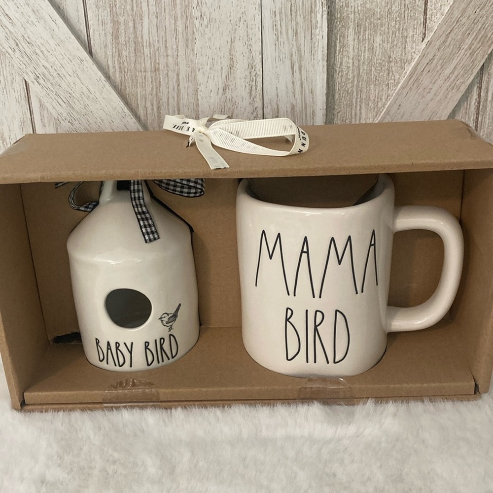 Rae Dunn Mini Baby Bird Birdhouse And Mama Bird Mug Set
